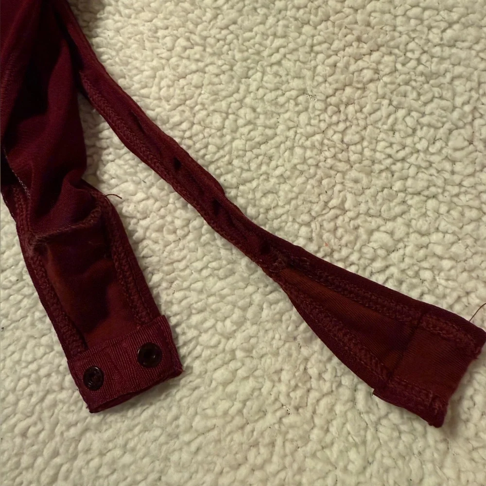 Free People Deep Red Ruched Long Sleeve Sheer Mesh Bodysuit Burgundy